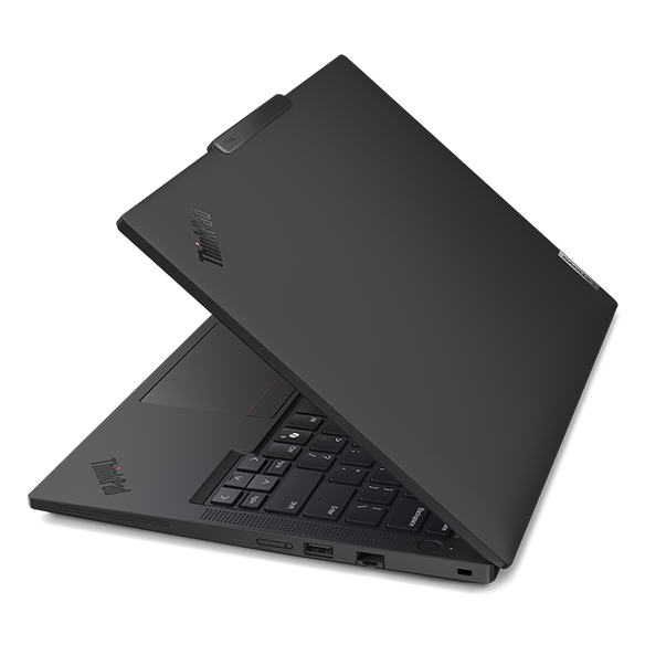 Rear, right side view of Lenovo ThinkPad P14s Gen 6 (14” AMD) laptop, featuring its robust ports that facilitate seamless connectivity & pairing for uninterrupted work.