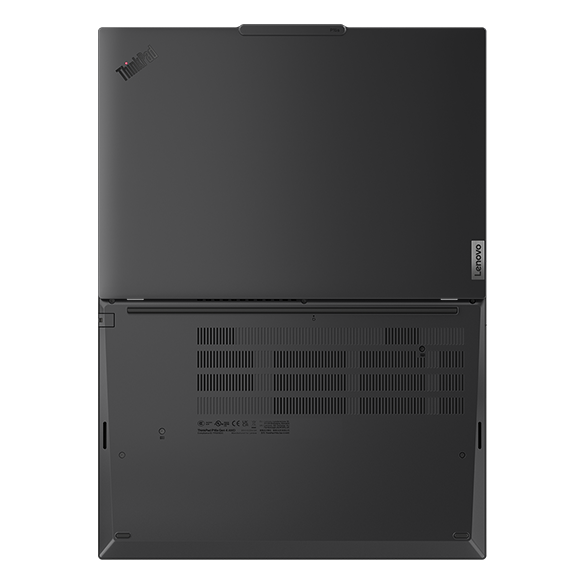 Rear view of Lenovo ThinkPad P16s Gen 4 (16” AMD) laptop opened 180 degrees, featuring its well-placed air vents for efficient cooling.