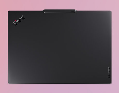 Closed top view of Lenovo ThinkPad P14s Gen 7 (14" AMD) laptop displaying its communication bar & logos.