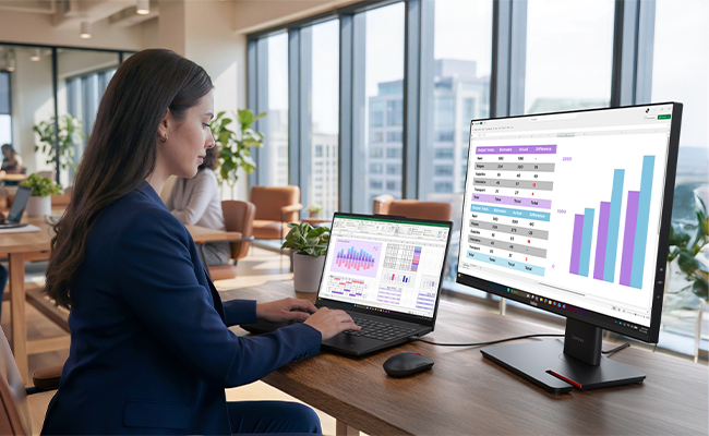 A woman at a desk with a monitor and mouse on it types on a Lenovo ThinkPad T15 Gen 5 (16” Intel) laptop.