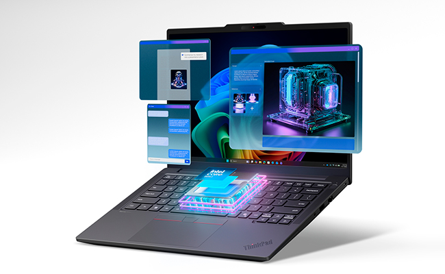 Lenovo ThinkPad T14 Gen 7 (14” Intel) 筆記型電腦的鍵盤中出現 Intel 處理器。