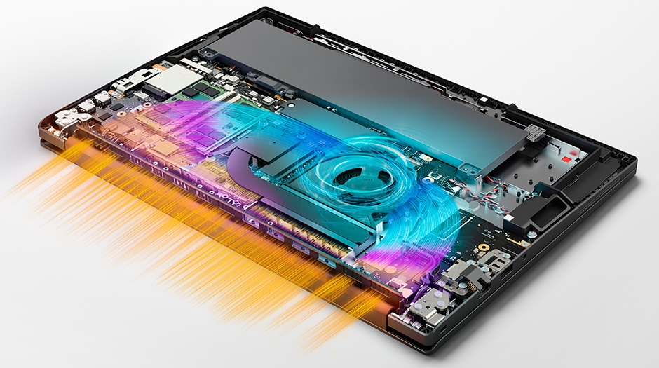 Breakaway view, showing cooling system and internal components, of the Lenovo ThinkPad T16 Gen 5 (16” AMD) laptop.