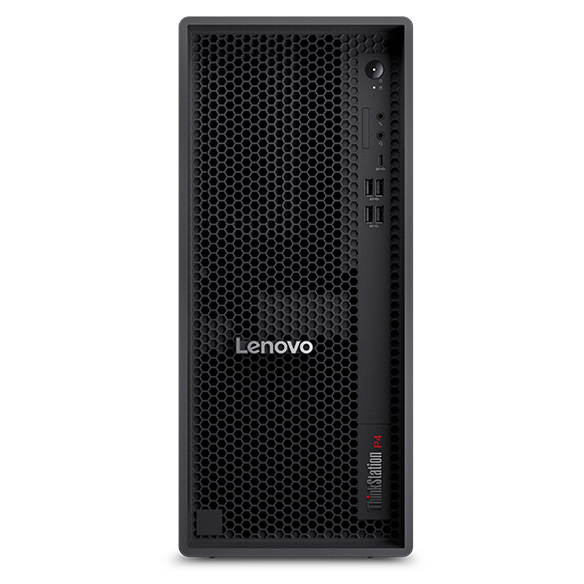 Front view of the AI-ready Lenovo ThinkStation P4 (AMD) Tower Workstation.