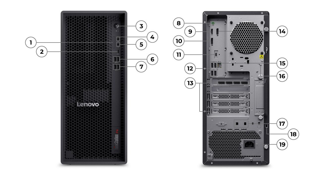 Multiple functional ports & expansion slots at the front and rear of the Lenovo ThinkStation P4 (AMD) Tower Workstation.