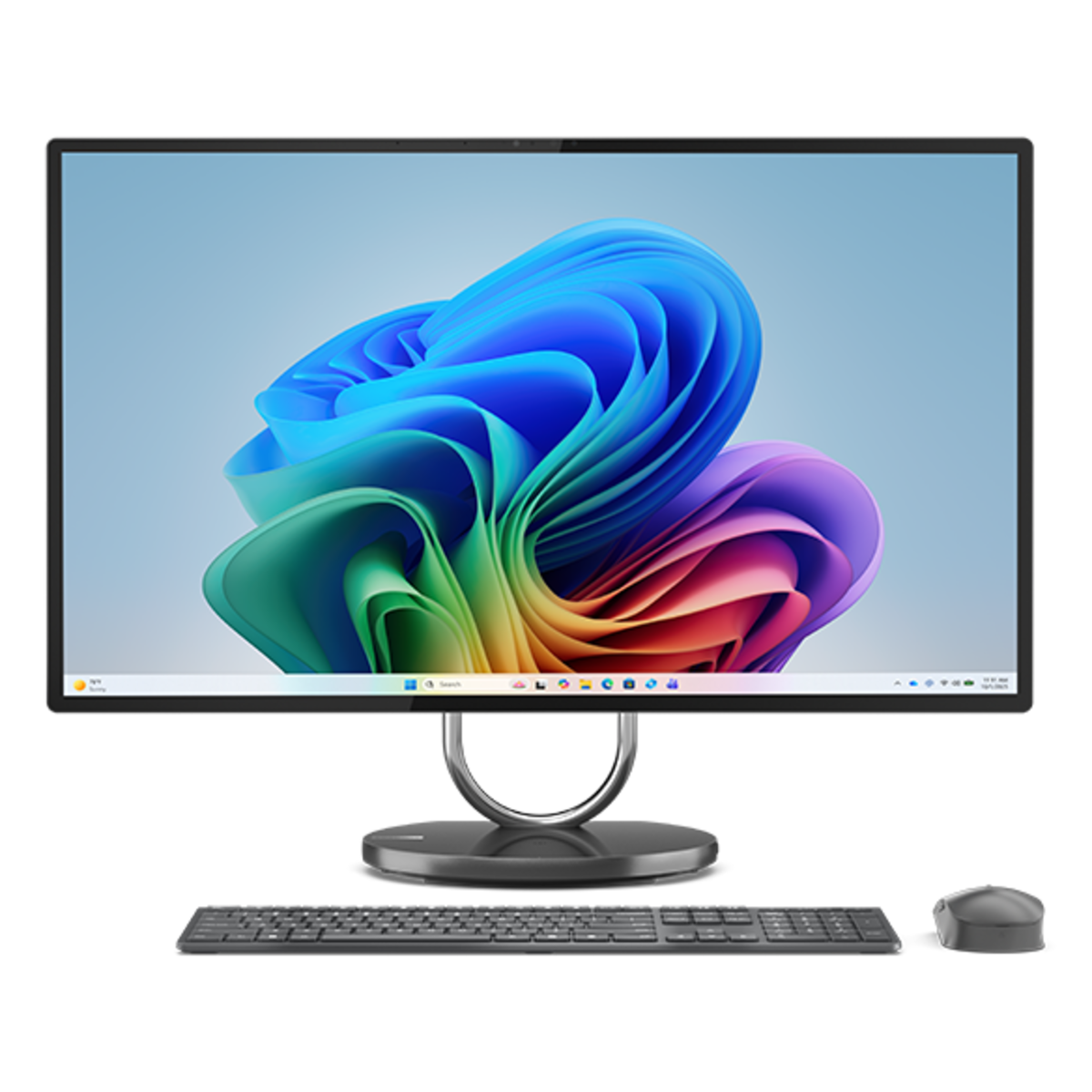 Front view of Lenovo Yoga AIO 32i Gen 10 (32” Intel) PC with wireless keyboard & mouse that comes with AI-enabled features to cater to your modern needs.