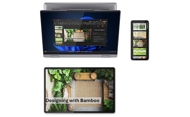 A tablet, smartphone & Lenovo ThinkBook 14 2-in-1 Gen 6 laptop show the same app on each, highlighting the ease of connectivity.