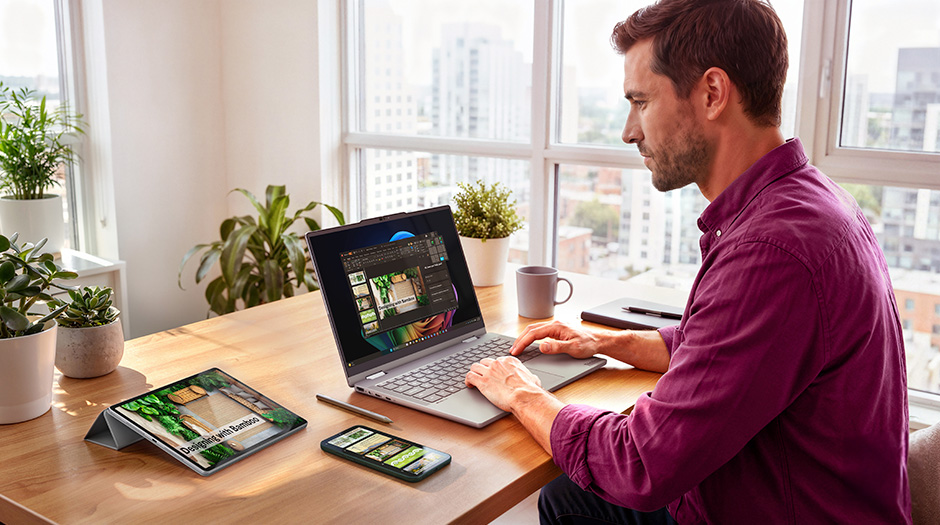 A man at a desk with a tablet & phone types on the Lenovo ThinkBook 14 2-in-1 Gen 6 laptop.
