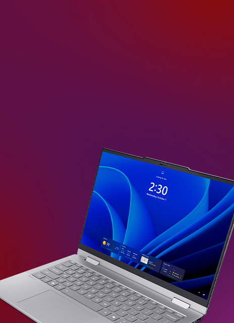 Windows 11 Pro lock screen on the Lenovo ThinkBook 14 2-in-1 Gen 6 laptop with haptic TouchPad & keyboard.