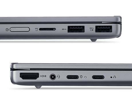 Close-up of right & left side ports including Thunderbolt 4, HDMI & USB-A, connectivity options on the Lenovo ThinkBook 14 2-in-1 Gen 6 laptop.