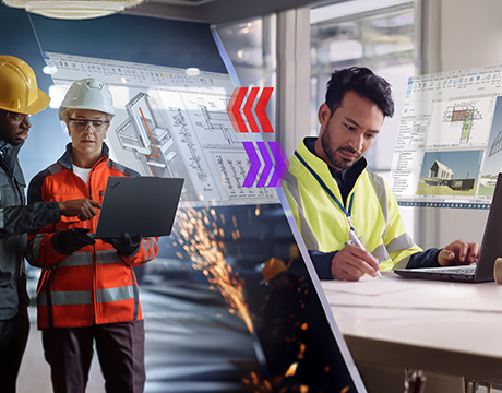 Engineers reviewing blueprints on-site with Lenovo ThinkPad P14s Gen 7 (14" Intel) laptop displaying 3D models.