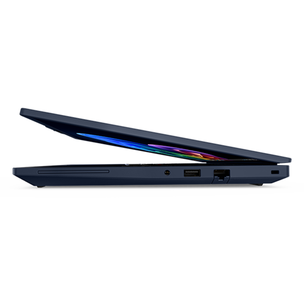 Back right view of a Cosmic Blue Lenovo ThinkPad T14 Gen 7 (14” Intel) laptop.