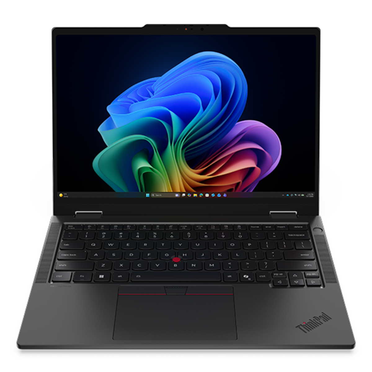 Front-facing Lenovo ThinkPad T14s 2-in-1 Gen 2 (14″ Intel) laptop Copilot+ PC display & full-sized keyboard.