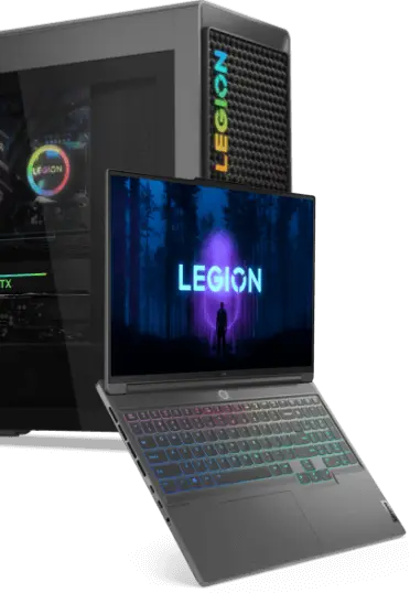 Vues latérales des ordinateurs de bureau et portables Lenovo Legion