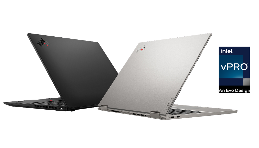 One grey and one black ThinkPad X1 Carbon laptop sit side by side at an angle, each partially opened.