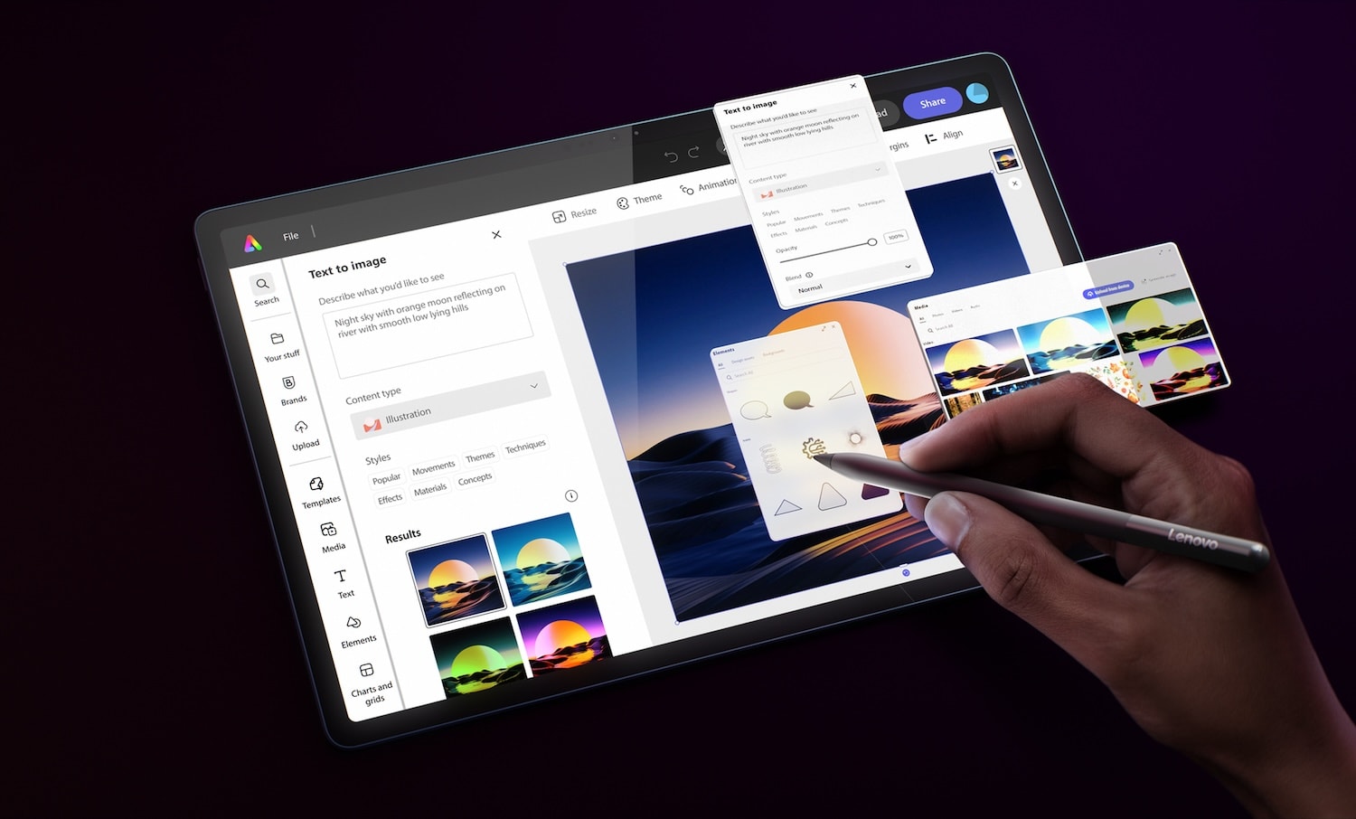 Une personne travaillant sur le Yoga Tab Plus de Lenovo utilisant Adobe Express pour exprimer ses idées créatives tout en transformant l’image en un chef-d’uvre grâce aux diverses fonctionnalités intégrées de l’application.