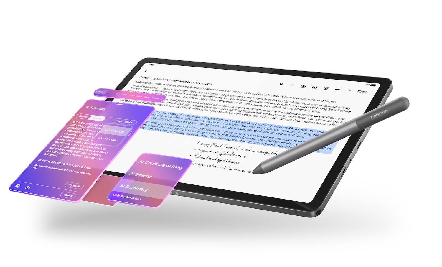 Une tablette Lenovo Idea affichant un bloc-notes numérique avec du texte mis en évidence et des panneaux d’outils d’écriture IA flottants, accompagnés d’un stylet.
