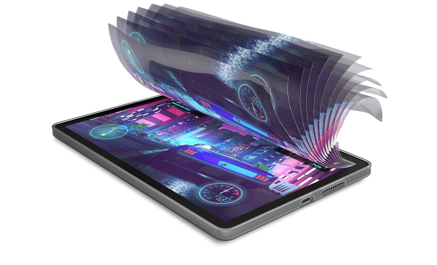 Les cadres fanned d’un jeu de course apparaissent au-dessus d’un écran de tablette Lenovo, proposant un taux de rafraîchissement élevé et une réponse tactile rapide.