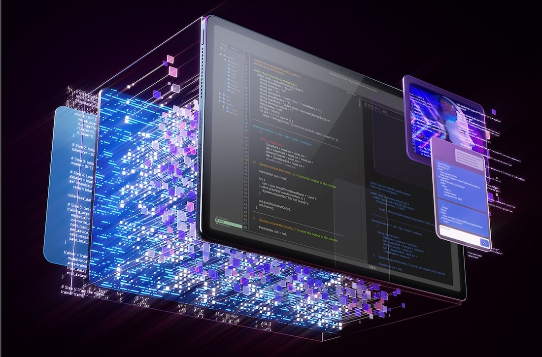Tablette Lenovo affichant des interfaces à couches avec un logiciel de codage, des outils multimédias et des applications de productivité, et qui met en valeur une assistance logicielle polyvalente.