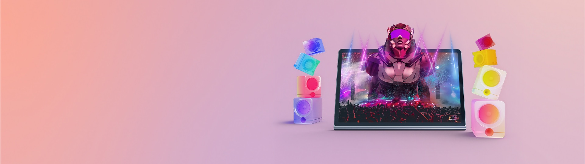 Lenovo Tab Plus avec des haut-parleurs éclatants et un personnage animé stylisé à l’écran.