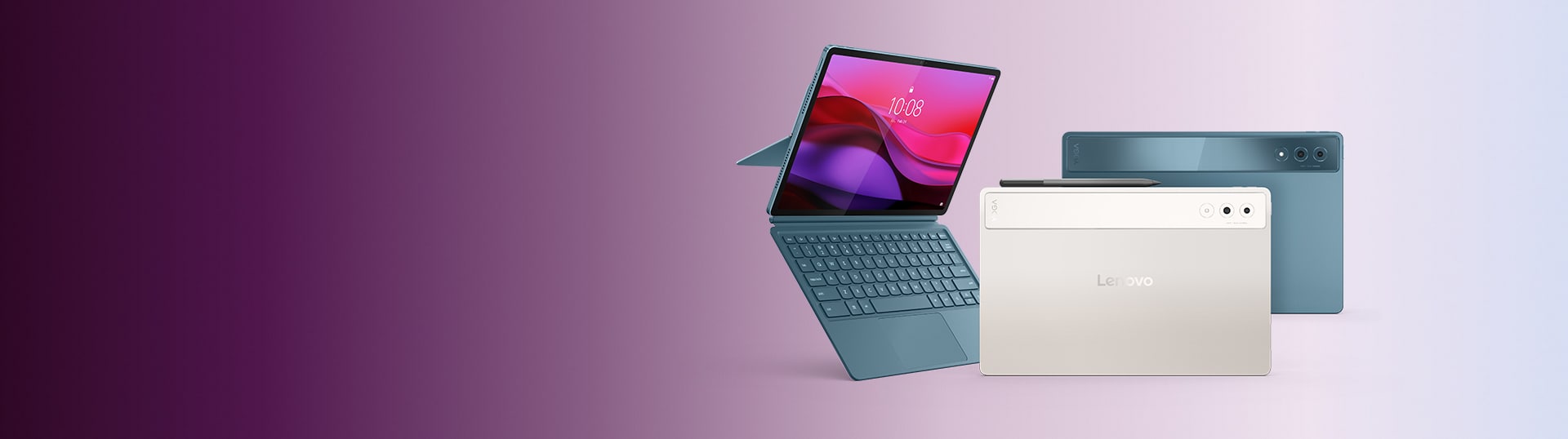 Lenovo Yoga Tab Plus montré de l’avant et de l’arrière, jumelé à un clavier amovible et un couvercle arrière magnétique à pied.