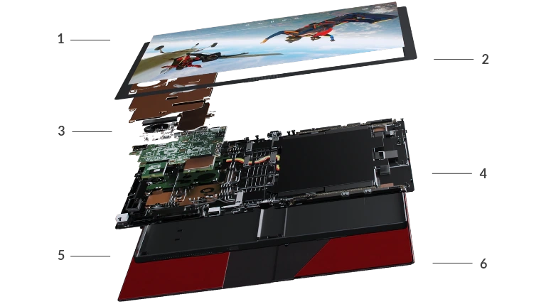 The start of an exploded view of Lenovo ThinkPad X1 Fold lying flat, showing approximately 3 layers