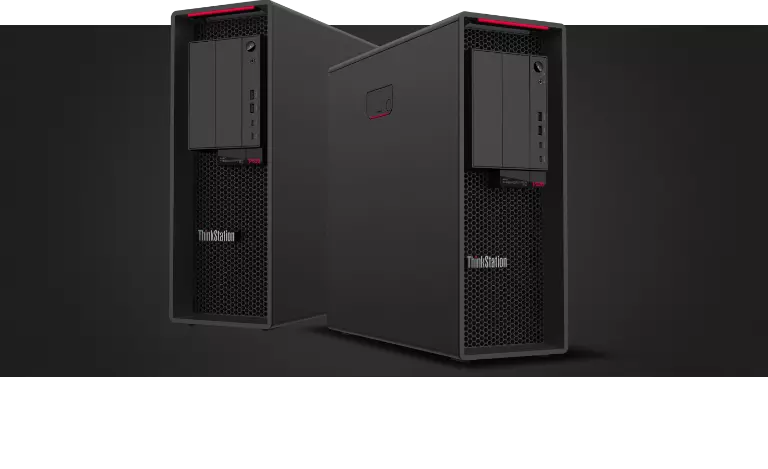 Two Lenovo ThinkStation P620 tower workstations, one angled slightly to show front and right-side views, with the other angled to show front and left-side views. 