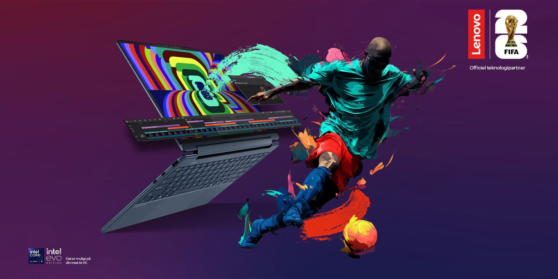 En illustreret fodboldspiller, der sparker til en bold, ser ud, som om han kommer ud af et dynamisk, formskiftende FIFA ’26-logo på skærmen på en Yoga 2-i-1 bærbar computer i stående tilstand.