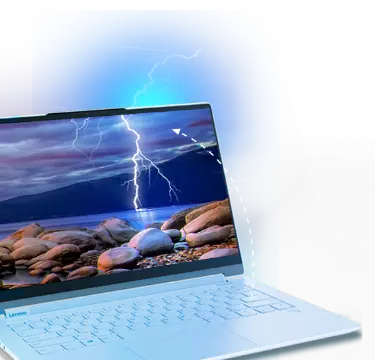 Lenovo laptop opened, screen showing a lightning bolt out at sea