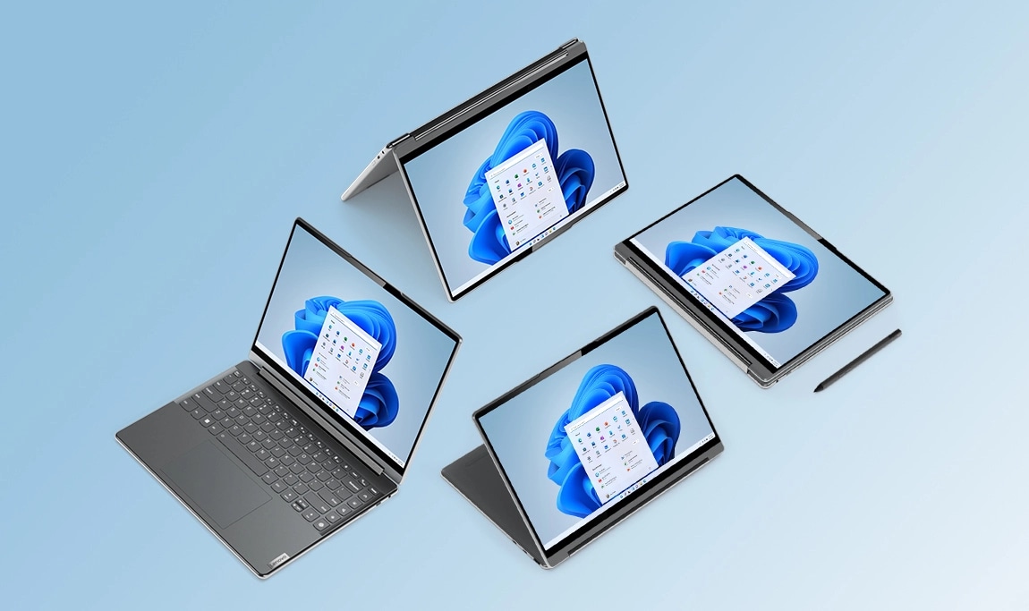 Fire Yoga 9i Gen 7-enheter i forskjellige moduser, inkludert bærbar datamaskin, telt og nettbrett, der hver skjerm viser Windows 11 Bloom-logoen