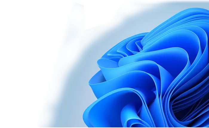 Närbild av Bloom, en blå, blomliknande bild som är Microsofts nya symbol för deras nya operativsystem, Windows 11