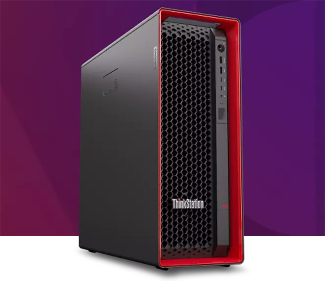 Vista anteriore con angolazione sinistra di un case di Lenovo Workstation P5 nei colori rosso e nero