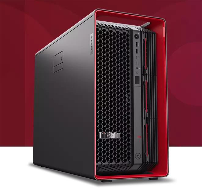 Een zwart-rode Lenovo Workstation PX-behuizing, aanzicht linksvoor