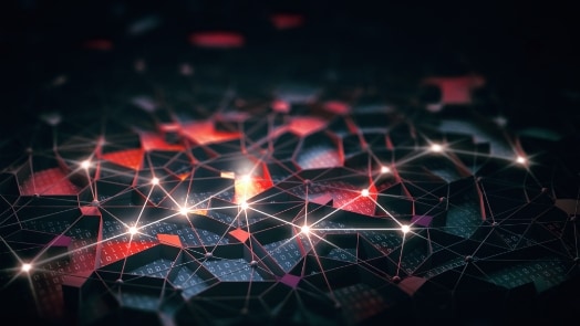Réseau numérique abstrait avec des nuds brillants et se croisant des lignes sur un fond sombre.