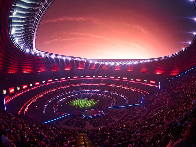 A view of a football/soccer stadium from one of the topmost seats.