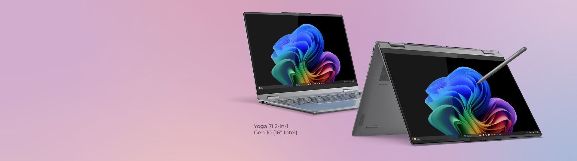 Lenovo Yoga 7i 2-in-1 Gen 10 (16” Intel) の2つのビュー。ノートパソコンモードのビューと、タブレットモードでペンが画面にホバリングしているビュー。