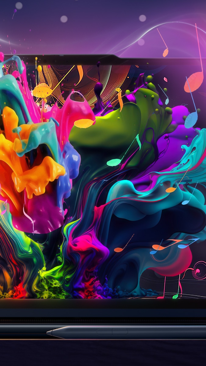 Colors erupt from the Puresight Pro display on a Yoga laptop. 