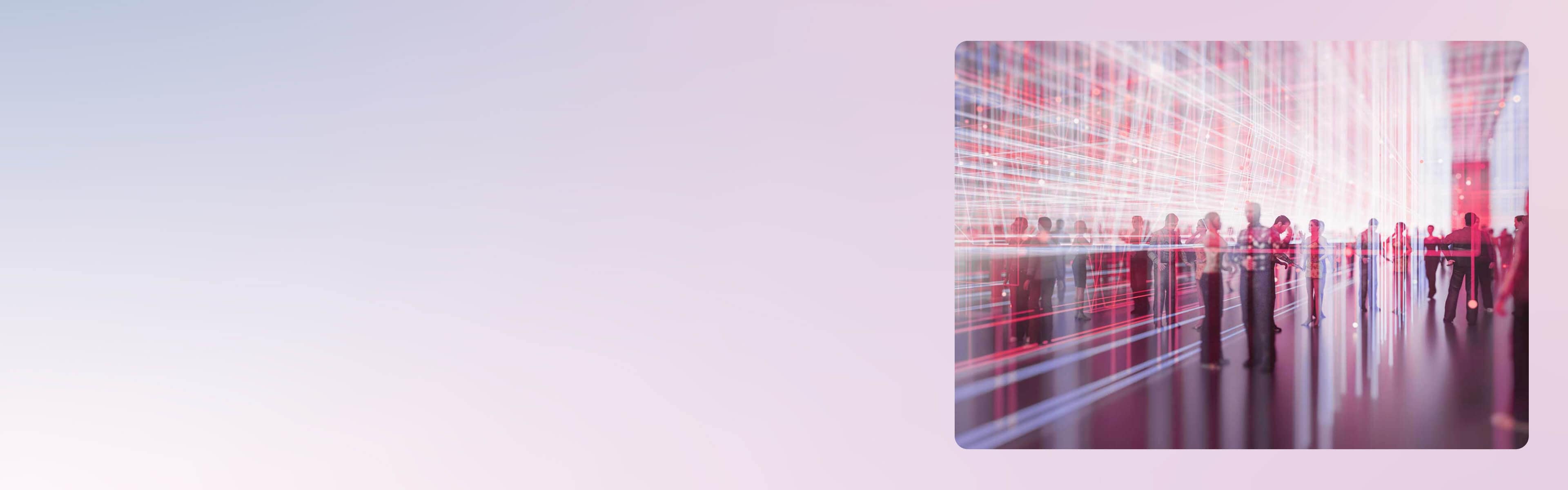 People in a large open room standing in lines with red and blue light streaks around them.