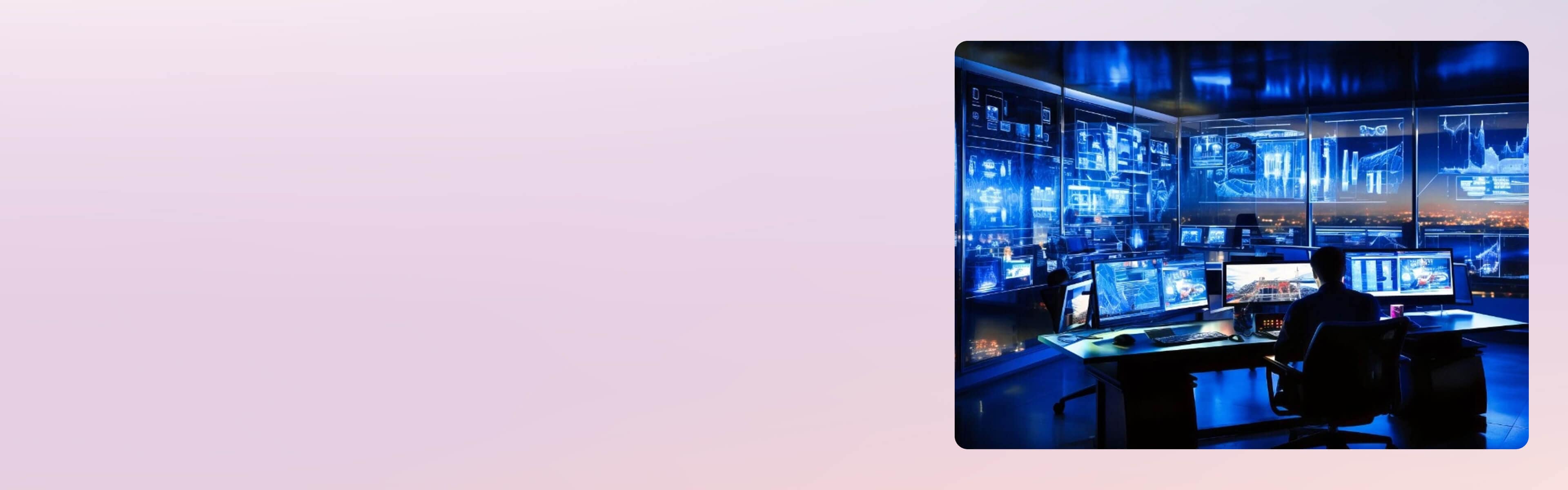 A person working in a dark room at a desk with multiple computers and data being projected onto the walls.