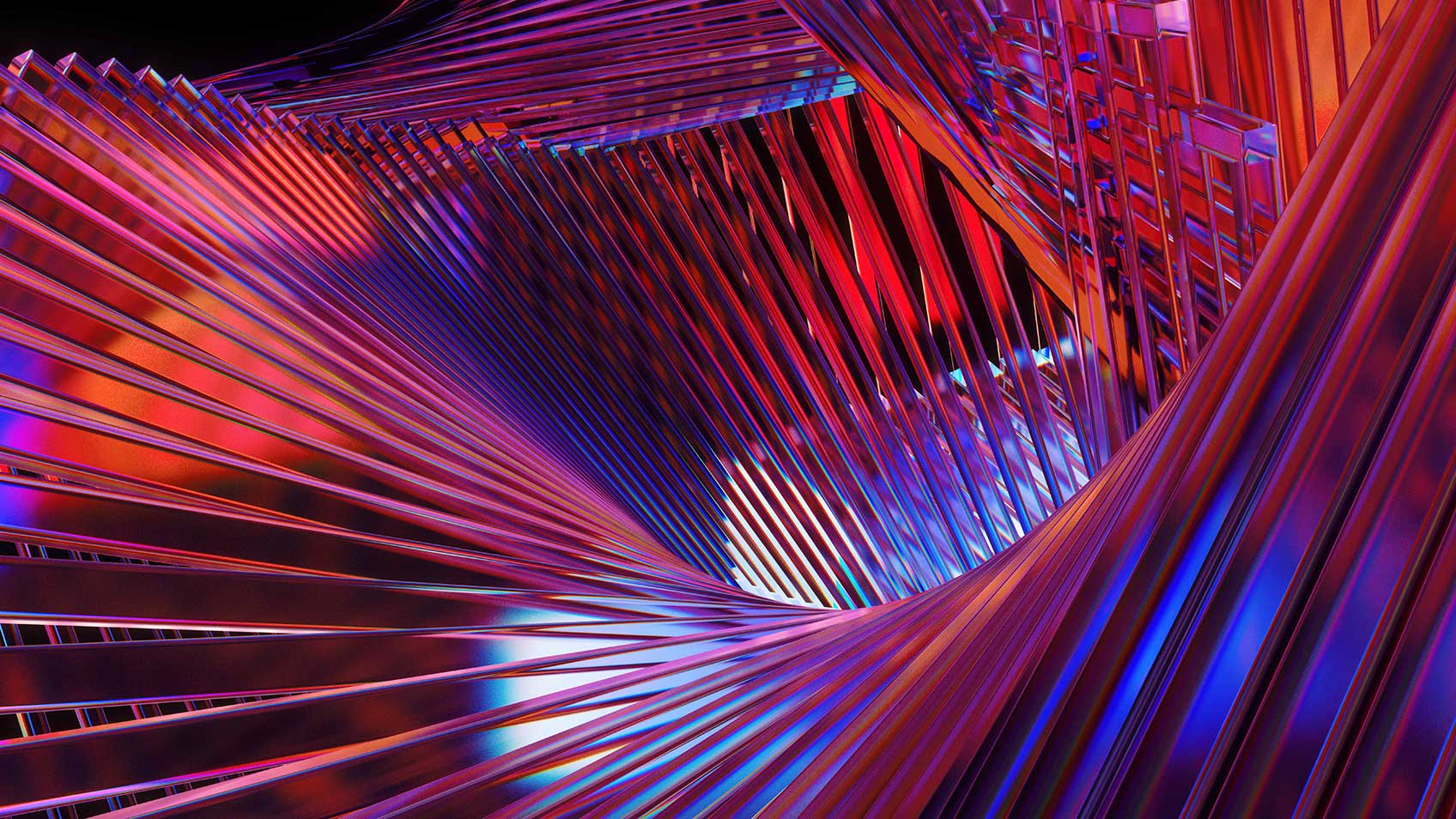 Lignes abstraites en rouge, mauve et bleu formant un motif géométrique.