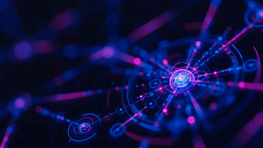 Blaue und violette Lichter, die sich in Kreisen und Strahlen über einem schwarzen Hintergrund bewegen.