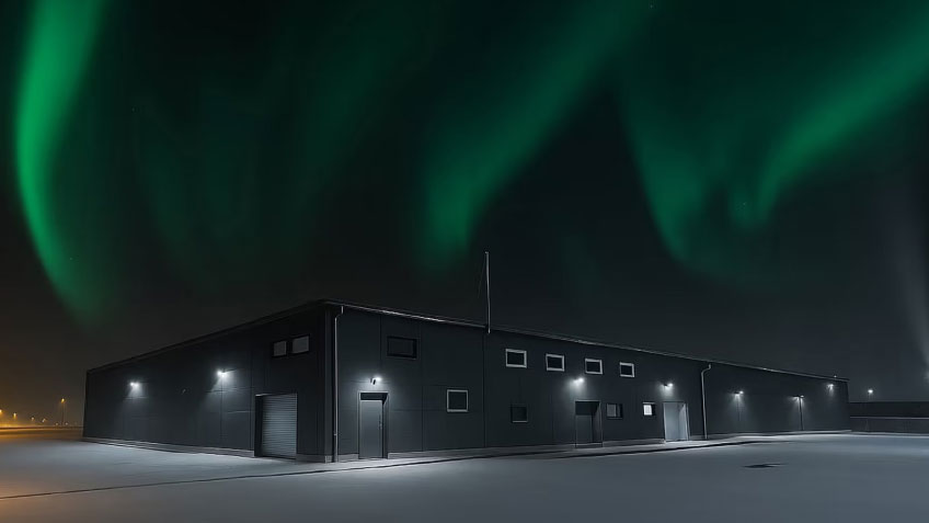 Dark gray industrial warehouse under vibrant green Aurora Borealis in a snowy landscape.