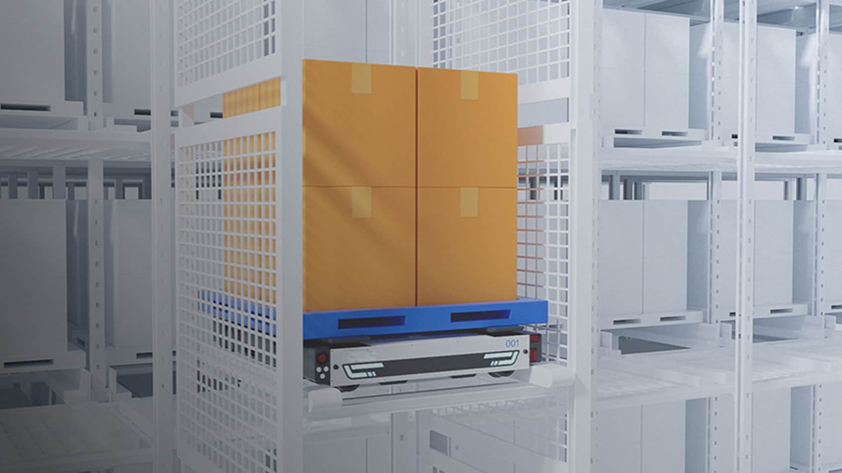 White shelves holding four neatly stacked boxes. 