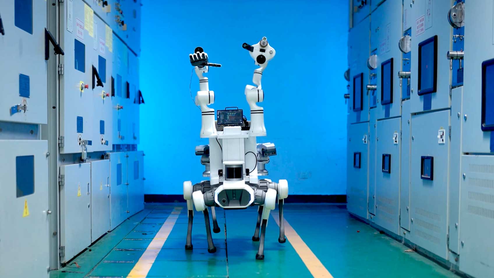 The FeiWin Robotic Dog in a testing environment with multiple doors.