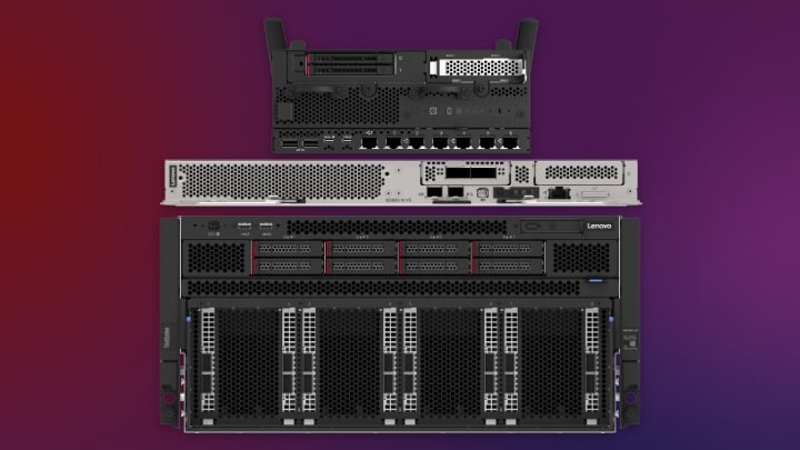 Image of a stack of various servers with a colorful blue and purple background.