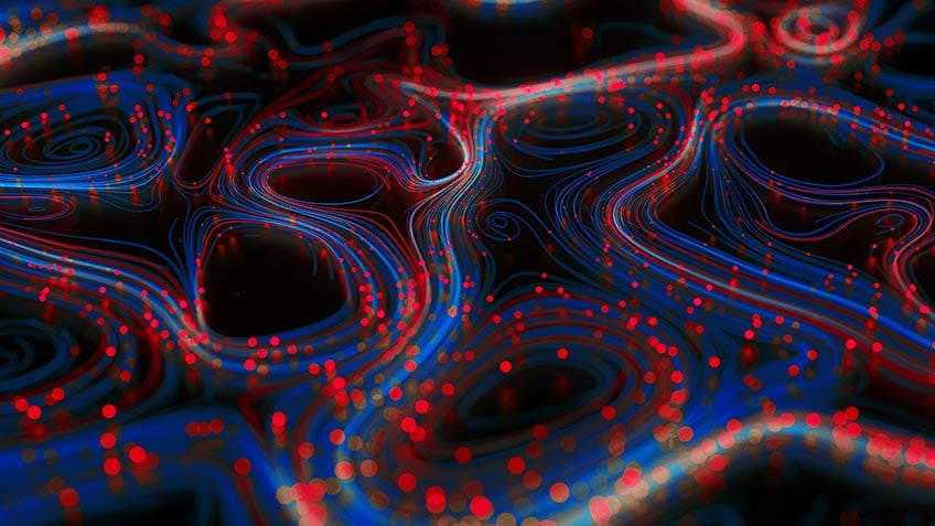 An abstract swirl of blue lines and red dots on a black background