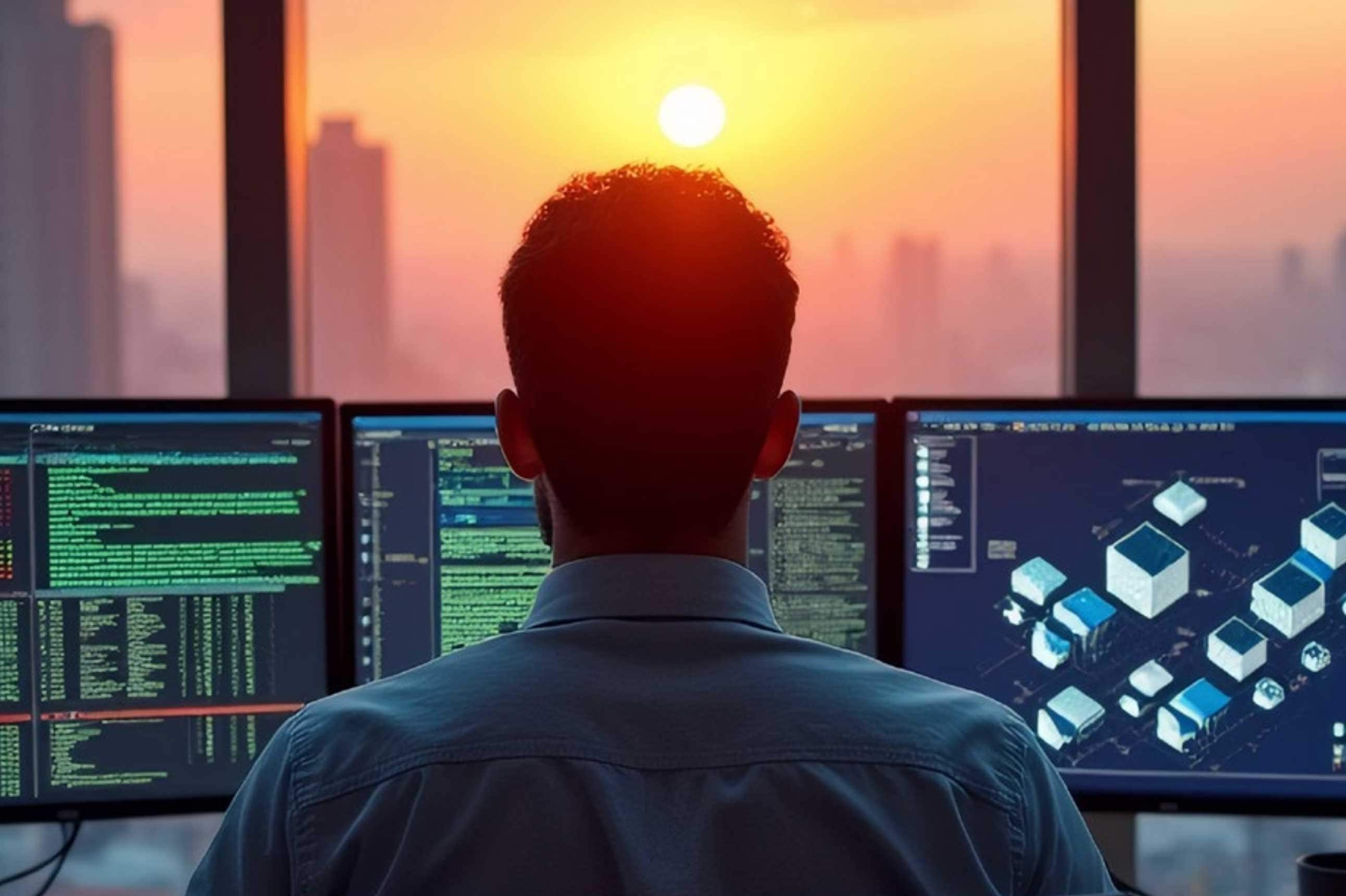 Homme face à trois écrans d’ordinateur et fenêtre en face de lui avec le soleil couchant.