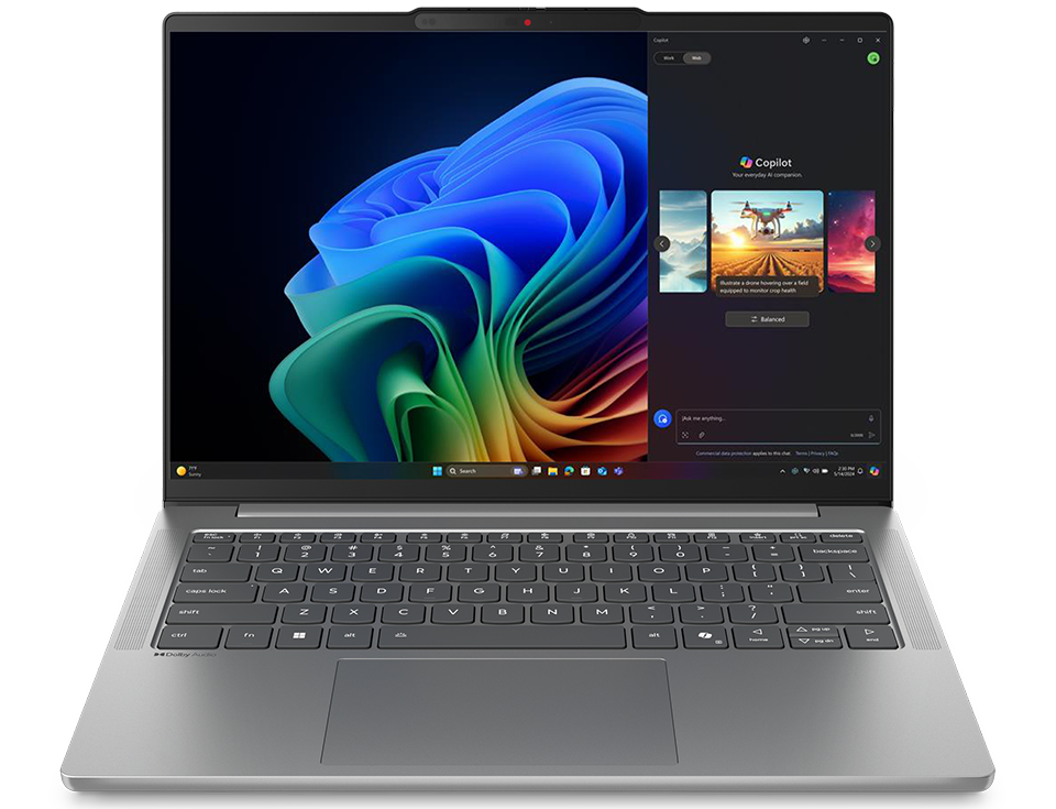 Front view, with a Copilot screen on the dispay, of the IdeaPad Slim 5i laptop.