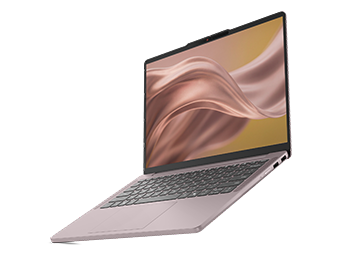 一部夢幻紫色的 Lenovo IdeaPad Vibe 筆記型電腦似乎漂浮在空中,機蓋打開,螢幕上顯示波浪狀的金漆。