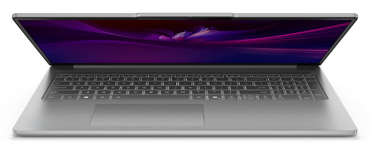 Front view of a partially opened IdeaPad Slim 5i laptop.