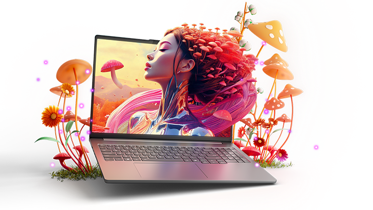 Le portable IdeaPad Pro 5, entouré de champignons oranges, avec une femme aux cheveux aux champignons qui sort de l’écran.